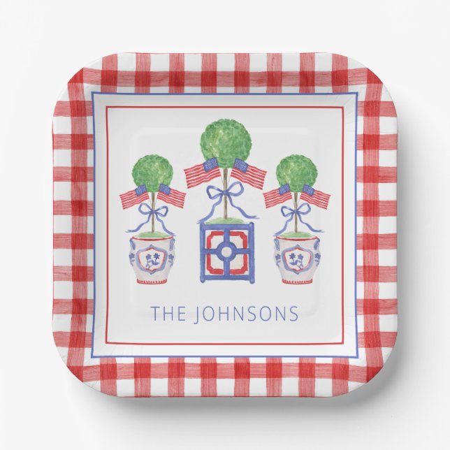Watercolor Patriotic American Flag Topiary Paper Plates (Front)
