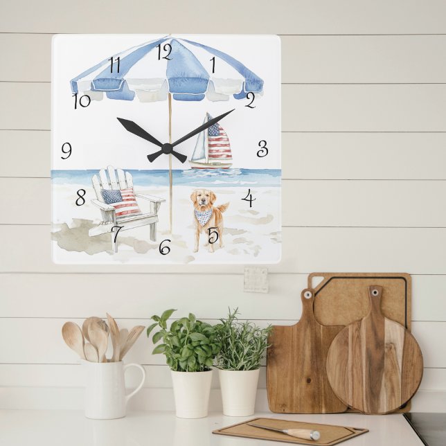 Watercolor Patriotic Beach Scene Summer Wall Clock (Creator Uploaded)
