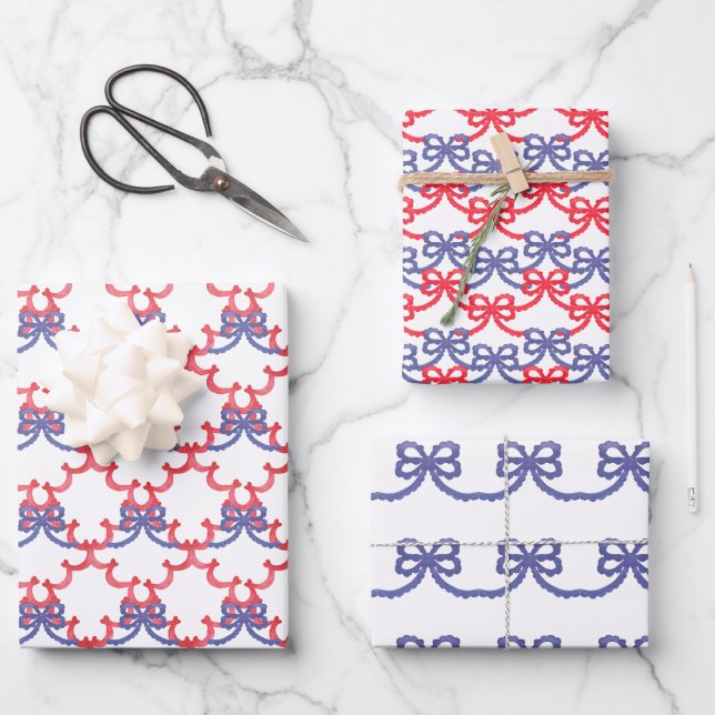 Watercolor Patriotic Bows Wrapping Paper Sheets (Front)