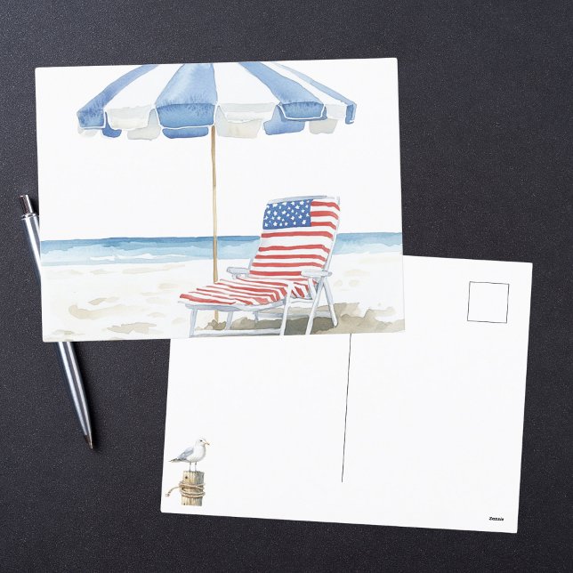 Watercolor Patriotic Red White & Blue Beach Scene Holiday Postcard (Creator Uploaded)