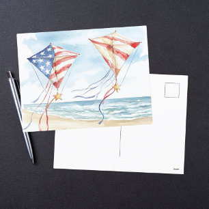 Watercolor Patriotic Stars Stripes Kites Coastal Holiday Postcard
