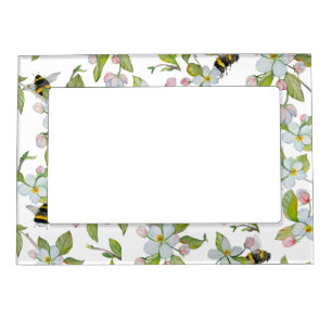 Watercolor pattern garden blooms and bumblebees magnetic frame