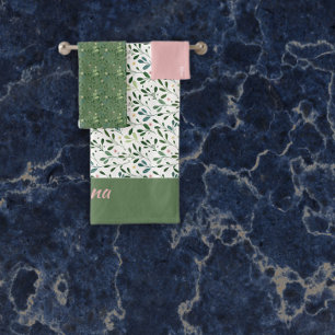 Watercolor pattern green leaf name pink bath towel set