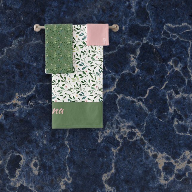 Watercolor pattern green leaf name pink bath towel set (Creator Uploaded)