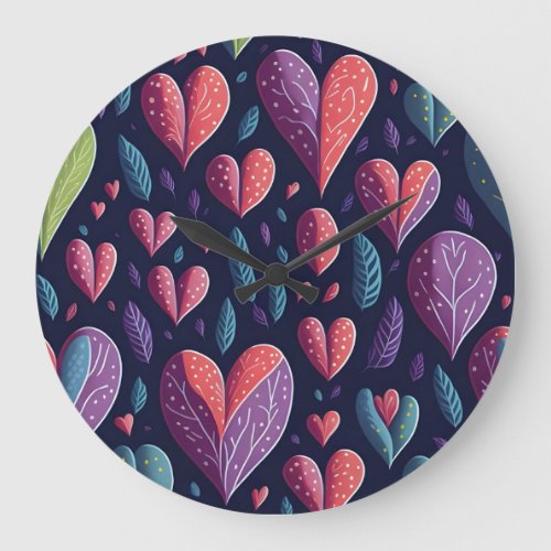 Watercolor Pattern Hearts Vibrant Colors Large Clock