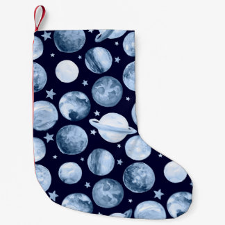 Watercolor pattern illustration of space galaxy wi small christmas stocking