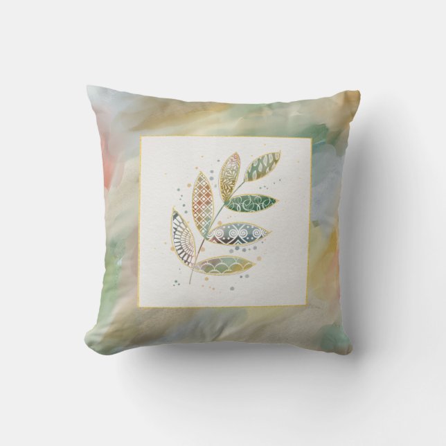 Watercolor Pattern Leaves Monogram Throw Pillow (Front)