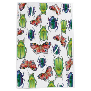 Watercolor pattern of beetles and butterflies medium gift bag