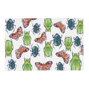 Watercolor pattern of beetles and butterflies placemat