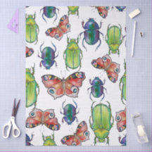 Watercolor pattern of beetles and butterflies