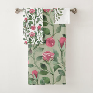Watercolor pattern of flowers and buds of roses bath towel set