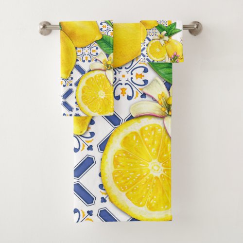 Watercolor Pattern of Mediterranean Lemons Bath Towel Set