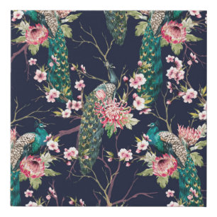 watercolor pattern peacock on a tree cherry,flower faux canvas print