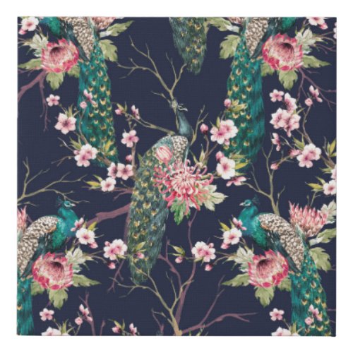 watercolor pattern peacock on a tree cherryflower faux canvas print