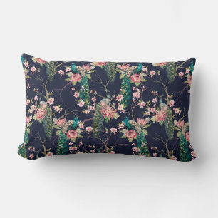 watercolor pattern peacock on a tree cherry,flower lumbar pillow
