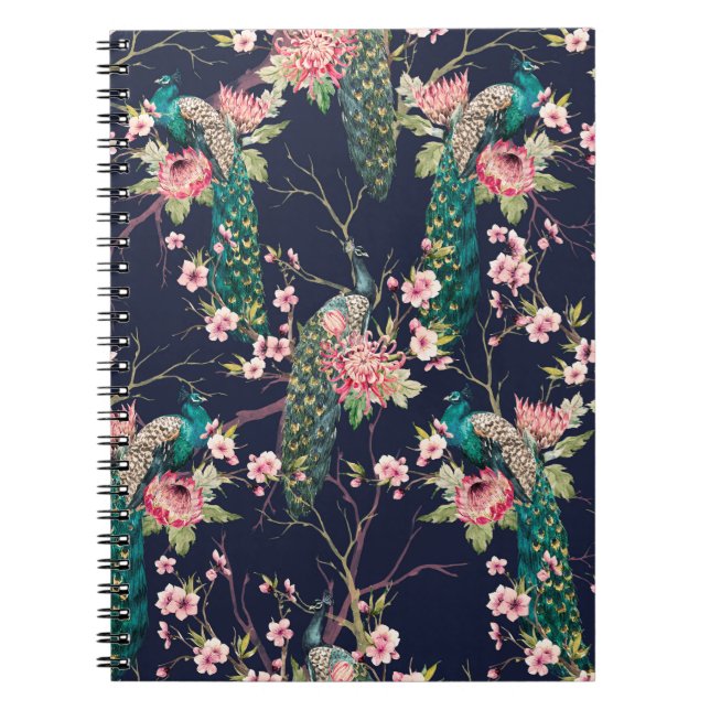 watercolor pattern peacock on a tree cherry,flower notebook (Front)