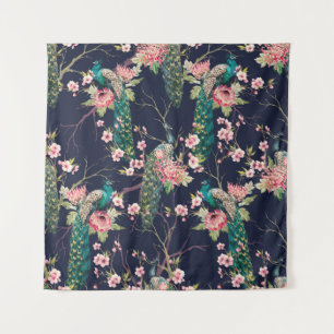 watercolor pattern peacock on a tree cherry,flower tapestry