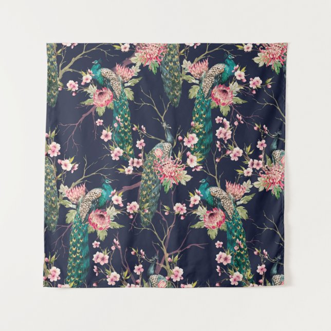 watercolor pattern peacock on a tree cherry,flower tapestry (Front)