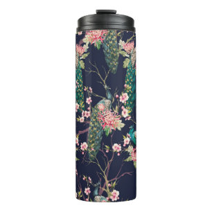 watercolor pattern peacock on a tree cherry,flower thermal tumbler