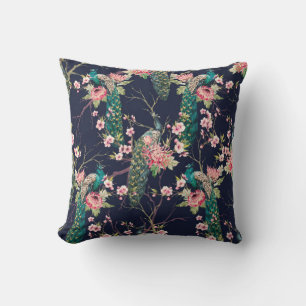 watercolor pattern peacock on a tree cherry,flower throw pillow