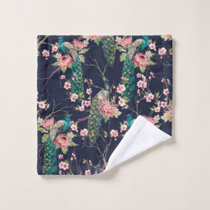 watercolor pattern peacock on a tree cherry,flower wash cloth