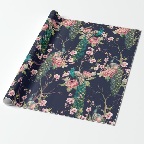 watercolor pattern peacock on a tree cherryflower wrapping paper