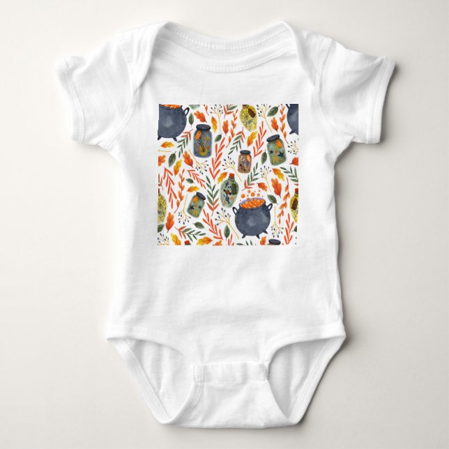 Watercolor Pattern with Autumn Foliage. Baby Bodysuit (Front)