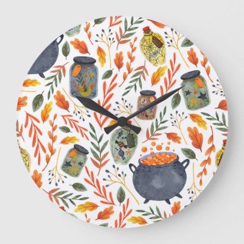 Watercolor Pattern with Autumn Foliage Large Clock