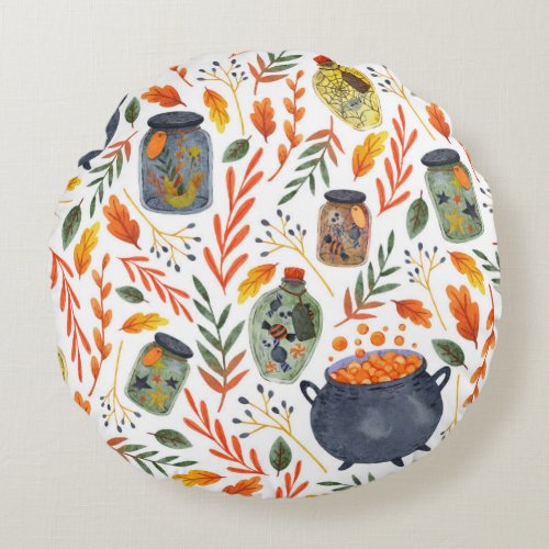 Watercolor Pattern with Autumn Foliage Round Pillow