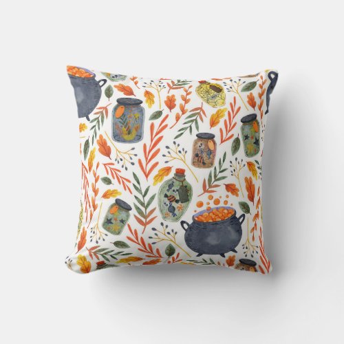 Watercolor Pattern with Autumn Foliage Throw Pillow