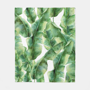 Watercolor pattern with banana palm leaves. Hand p Fleece Blanket