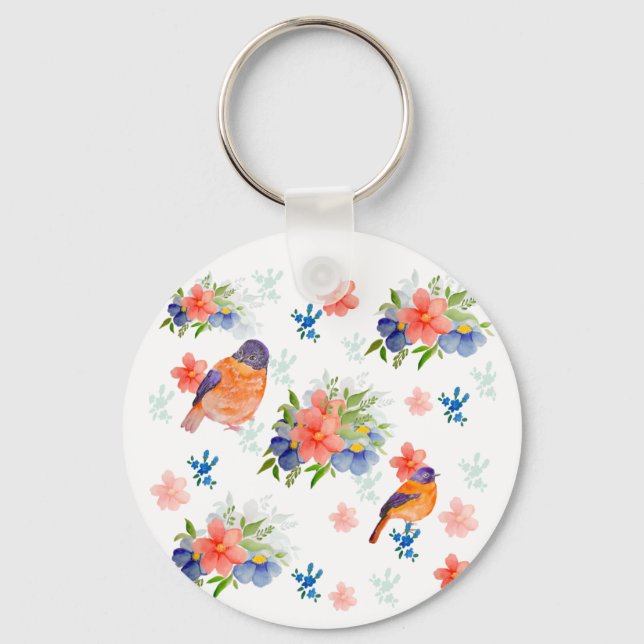 Watercolor pattern with birds and flowers bottle keychain (Front)