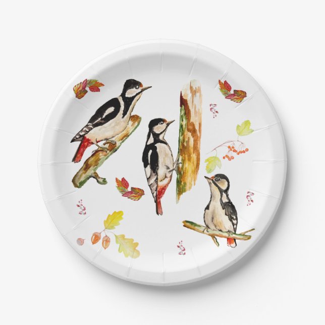 Watercolor pattern with birds woodpecker paper plates (Front)