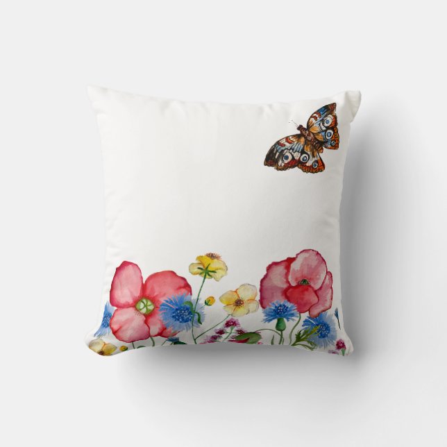 Watercolor pattern with hand-drawn wildflowers throw pillow (Front)