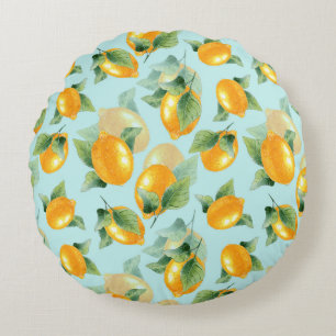 Watercolor pattern with lemons and leaves. Seamles Round Pillow