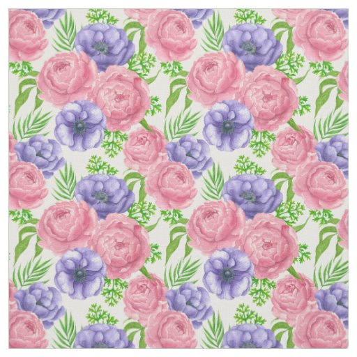 Watercolor pattern with peony and anemone flowers fabric