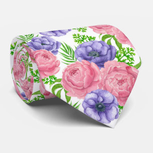 Watercolor pattern with peony and anemone flowers neck tie