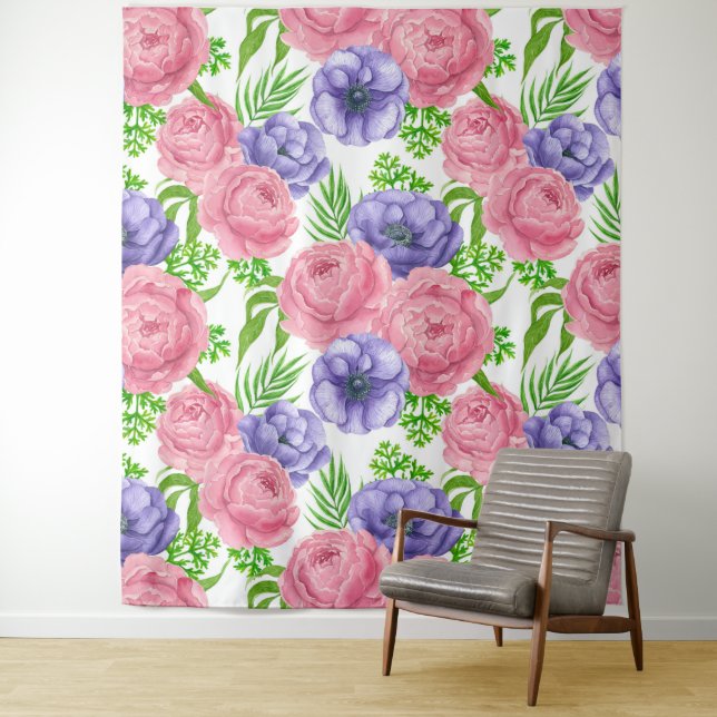 Watercolor pattern with peony and anemone flowers tapestry (In Situ)