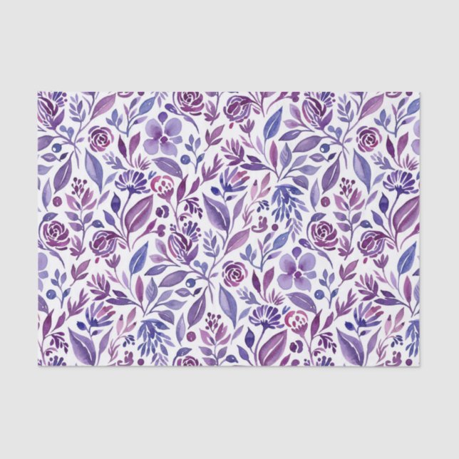 Watercolor Pattern with Purple Flowers and Leaves Tissue Paper (Front)
