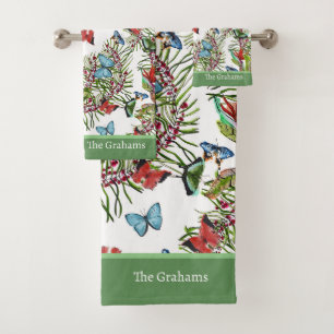 Watercolor Pattern with Tropical Plants Butterfly Bath Towel Set