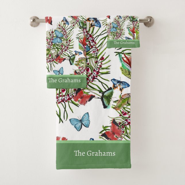 Watercolor Pattern with Tropical Plants Butterfly  Bath Towel Set (Insitu)