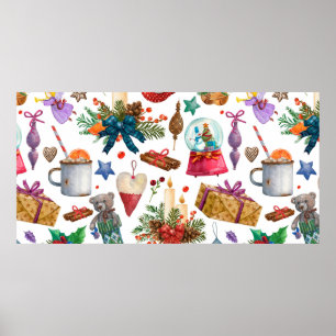 Watercolor Pattern with Vintage Christmas ornament Poster