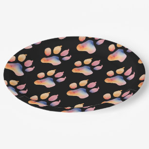 Watercolor Paw Pattern on Dark Background Paper Plates