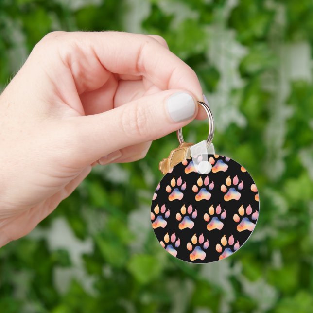 Watercolor Paw Print Pattern on Black Keychain (Hand)