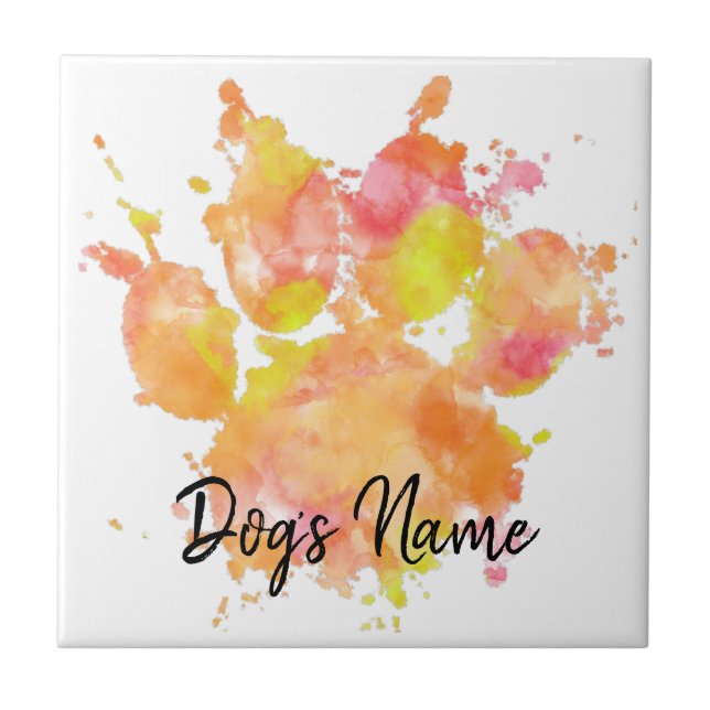 Watercolor Paw Print With Custom Name Ceramic Tile (Front)