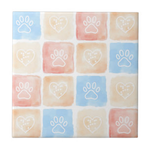 Watercolor Paw Prints & Hearts in Boxes Ceramic Tile