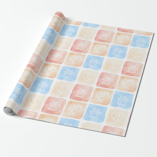 Watercolor Paw Prints & Hearts in Boxes Wrapping Paper (Unrolled)