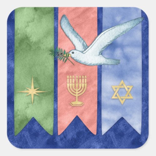 Watercolor Peace Christmas Kwanzaa Hanukkah Square Sticker