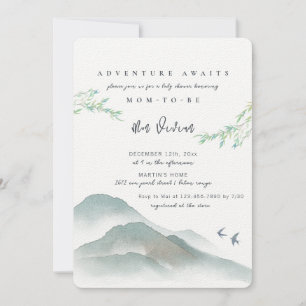 Watercolor Peaceful Woodland Mountain Baby Shower Invitation