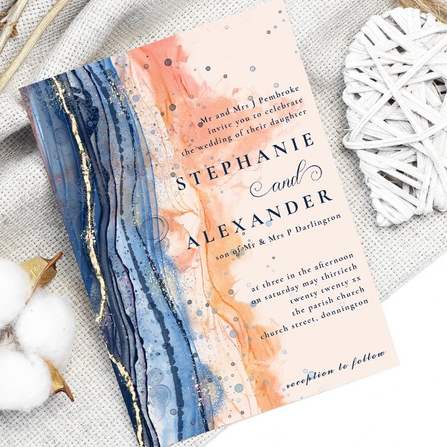 Watercolor Peach and Blue Formal Wedding Invitation (Creator Uploaded)